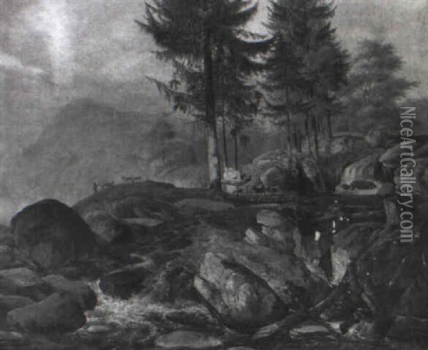 En Klippefyldt Bjergegn Med Et Vandfald Oil Painting - Carl Wilhelm (Ludwig) Tischbein