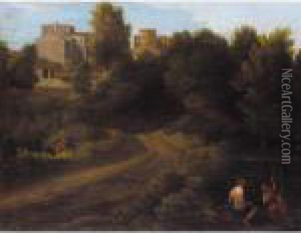 A Classical Landscape With Figures Near A Bridge Leading To A Village Oil Painting - Gaspard Dughet Poussin