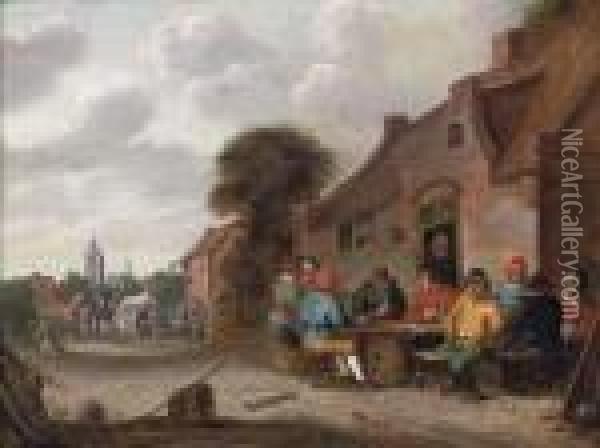 Peasants Drinking And Smoking Outside A Tavern Oil Painting - Joost Cornelisz. Droochsloot