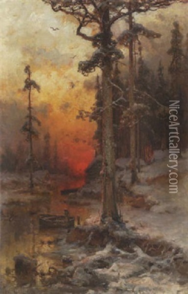 Sonnenuntergangsstimmung Im Winterwald Oil Painting - Yuliy Yulevich (Julius) Klever
