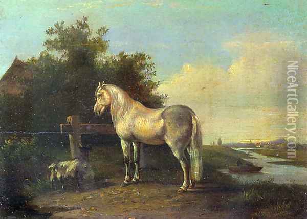 A Grey Horse and a Goat in a River Landscape Oil Painting - Pieter Frederik Van Os