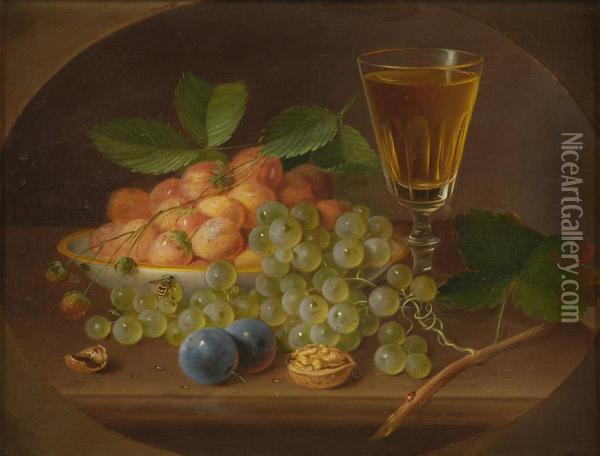 Fruchtestilleben Mit Weinglas Und Insekten. Oil Painting - George Forster