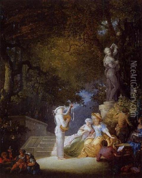 Pantaleone Serenading Five People In A Park With Children Playing Oil Painting - Jean-Frederic Schall