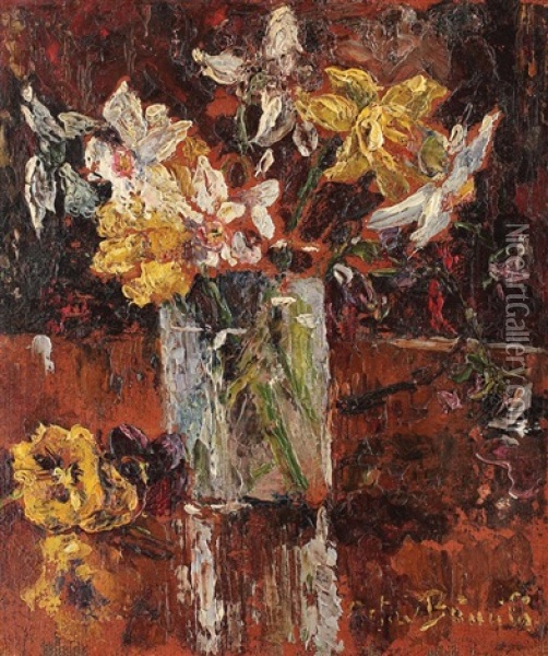 Glass With Daffodils Oil Painting - Octav Bancila