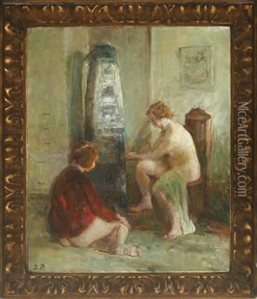 Interior With Two Naked Women By The Oven Oil Painting - Julius Paulsen