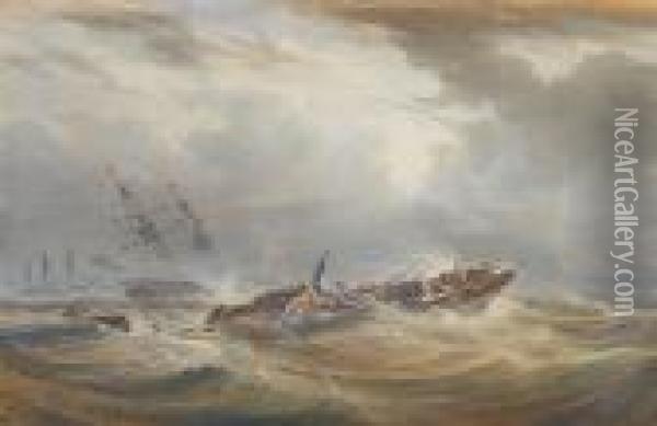 A Dismasted Vessel In The Teeth Of A Storm Oil Painting - William Joy