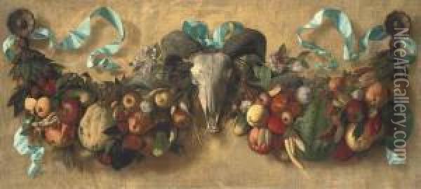 Swathes Of Fruit And Vegetables,
 Punctuated With Ribbons, A Ram'sskull And Carved Roundels Oil Painting - Daniel Hock