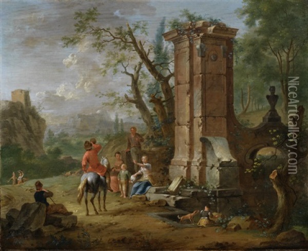 Figures In An Italianate Landscape, Before Ruins Oil Painting - Franz de Paula Ferg