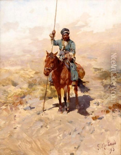 Lone Cossack Horseman Oil Painting - Franz Roubaud