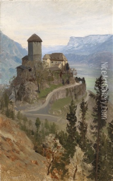 Blick Auf Schloss Tirol Bei Meran Oil Painting - Anton Hlavacek