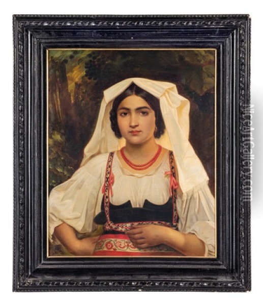 Ritratto Di Popolana Con Fiocco Rosso Tra I Capelli Oil Painting - August Heinrich Riedel
