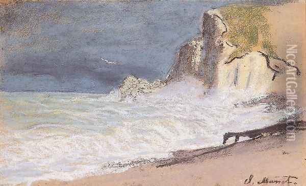 Etretat Amont Cliff Rough Weather Oil Painting - Claude Oscar Monet