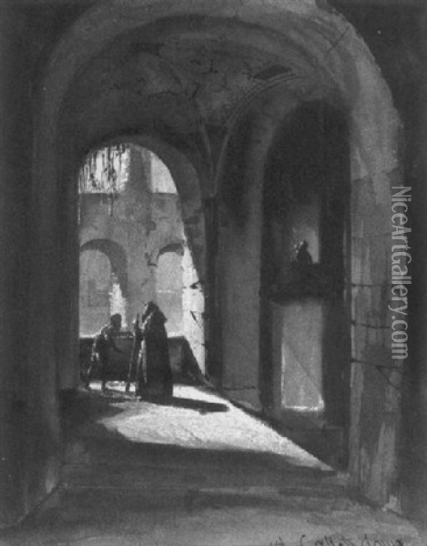 The Arcade Of A Monastery Cloister With A Monk And A Mendicant Oil Painting - Alphonse-Appollodore Callet