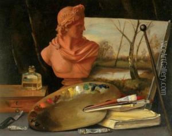 Still Life With Artist's Palette And Bust Of The Apollobelvedere Oil Painting - John Robinson