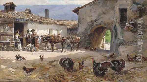 A farmyard scene Oil Painting - Mariano Barbasan Lagueruela