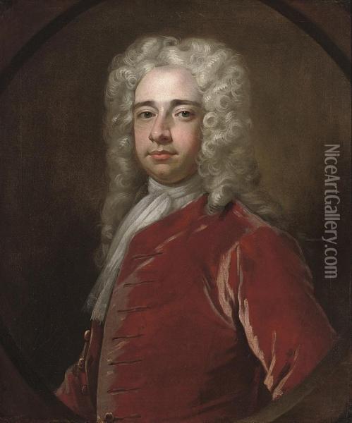 Portrait Of A Gentleman, Half-length, In A Red Velvet Coat, In A Feigned Oval Oil Painting - Hans Hysing