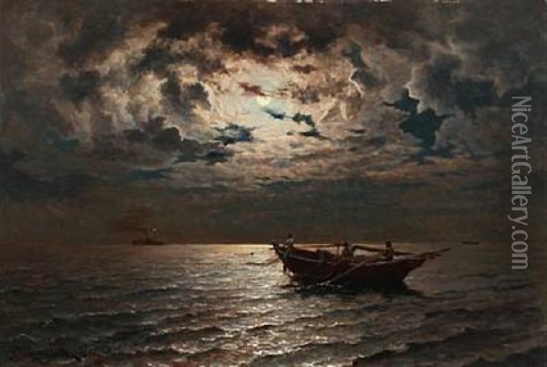Fishermen On The Sea At Moonlight Oil Painting - Jacob Silven