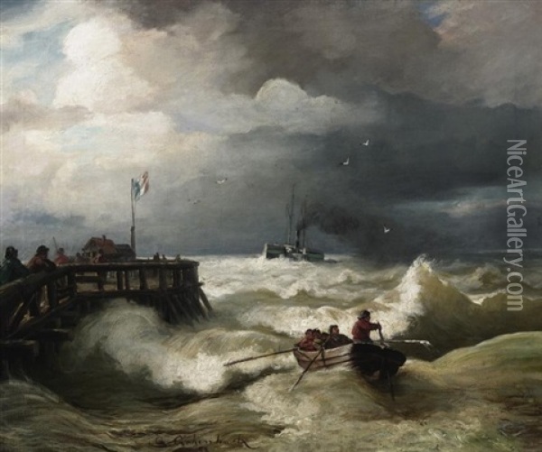 Einlaufender Dampfer Auf Tosender See. Vorn Ein Ruderboot An Einer Belebten Landungsbrucke Oil Painting - Andreas Achenbach