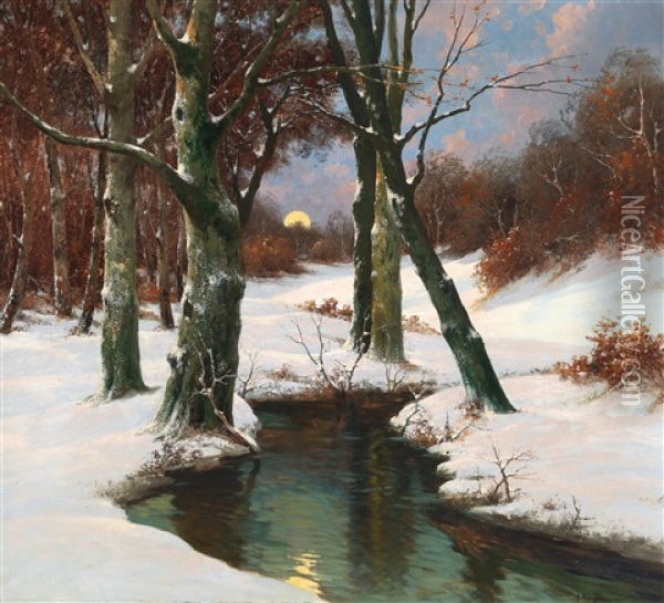 Winter Landscape With Rising Moon Oil Painting - Adolf Kaufmann