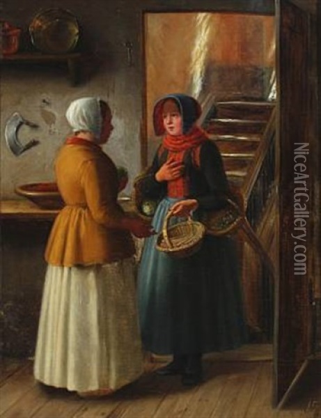 Two Women Talking In The Kitchen Door Oil Painting - Julius Friedlaender