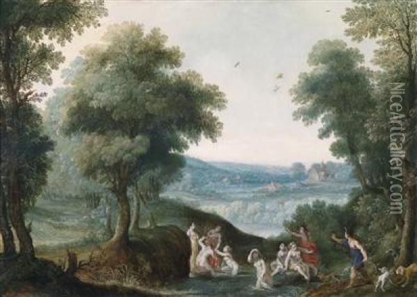 Diana With Her Nymphs And The Huntsman, Actaeon In A Wooded Landscape Oil Painting - Adriaan van Stalbemt