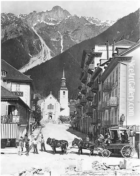 Church and Square at Chamonix, c.1900 Oil Painting - Georges Tairraz