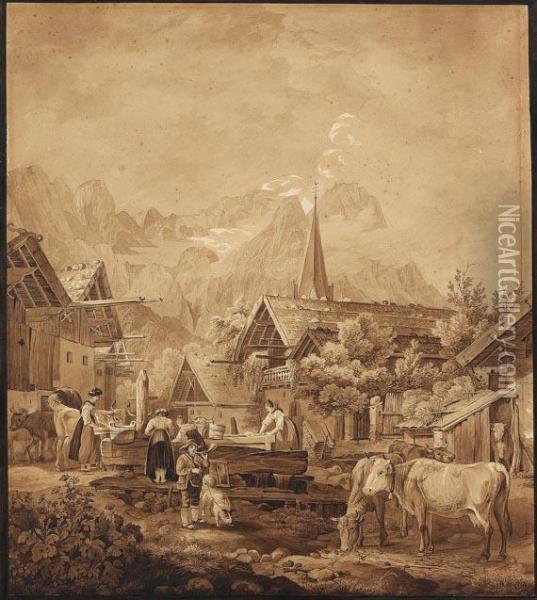 Dorf Partenkirchen Mit Aussicht Auf Die Zugspitze Oil Painting - Friedrich Hohe