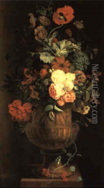 Still Life Of Roses And Other Flowers In A Terracotta Urn, Standing On A Plinth Oil Painting - Jacob van Huysum