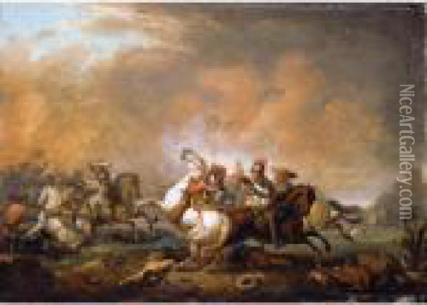 A Cavalry Skirmish Oil Painting - Nicolas Louis Albert Delerive