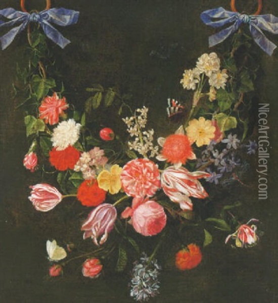 A Swag Of Ivy, Tulips, Roses And Other Flowers Tied With Blue Ribbons And Suspended From Rings, With Dragonflies And A Butterfly Oil Painting - Daniel Seghers