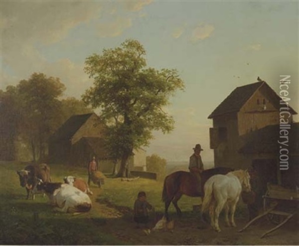 Farmworkers With Cows Near A Barn Oil Painting - Willem Tjarda van Starckenborgh Stachouwer