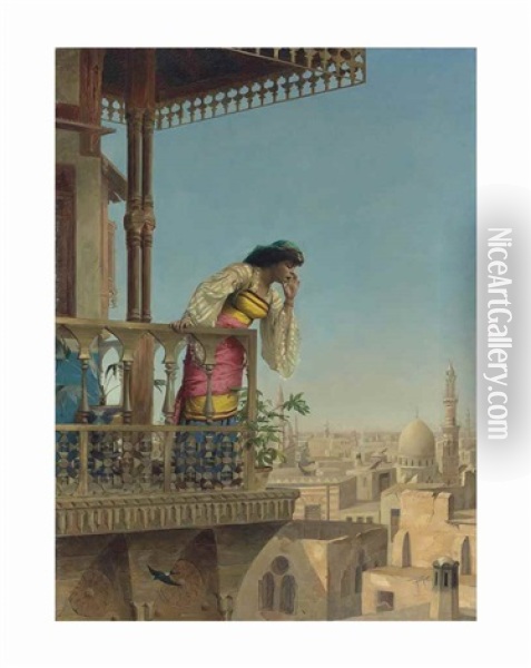 On The Balcony, Cairo Oil Painting - Theodore Jacques Ralli