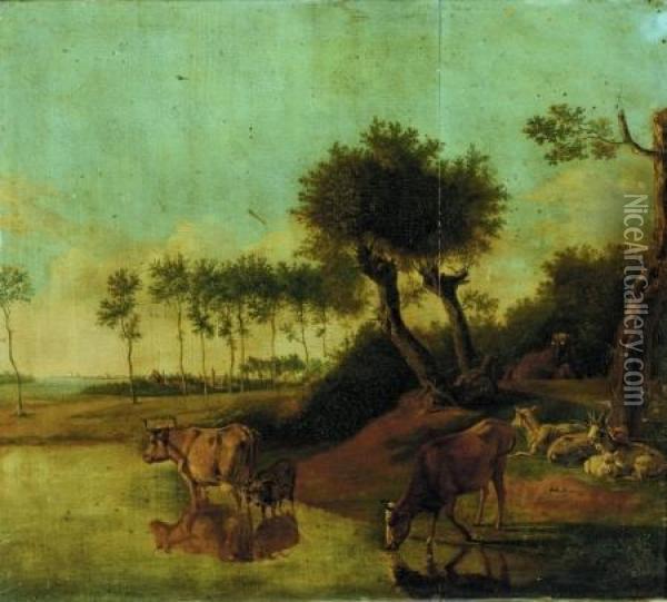 Goats And Cattle On A River Bank Oil Painting - Adrian Van De Velde