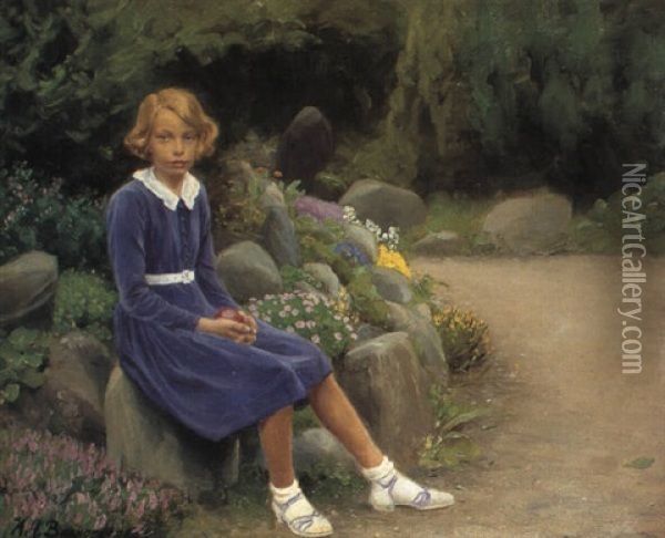 Lille Pige I Bla Kjole, Siddende I En Have Oil Painting - Hans Andersen Brendekilde