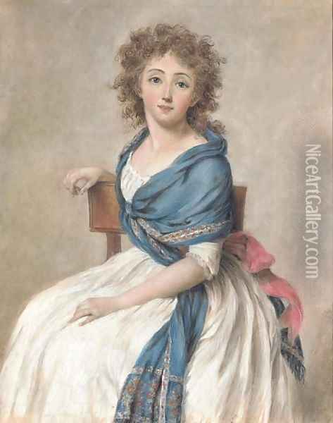 Portrait of a seated woman wearing a blue shawl Oil Painting - French School
