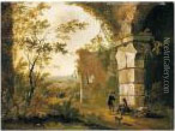 A Southern Landscape With Travellers Resting Among Ruins Oil Painting - Frederick De Moucheron