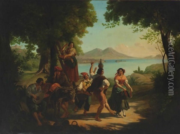 Tanzende Landleute An Der Bucht Von Neapel Oil Painting - Geza Szilassy