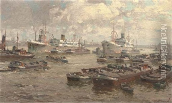 Shipping In Rotterdam Harbour Oil Painting - Gerard Delfgaauw
