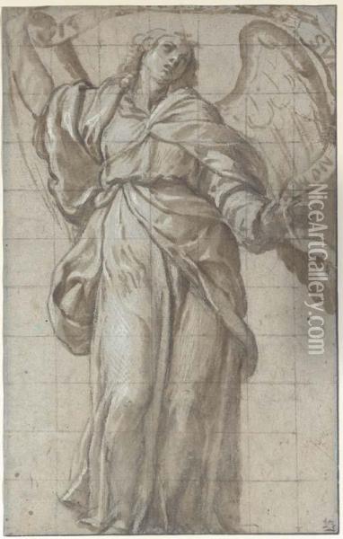 An Angel Looking Up, Holding A Scroll Oil Painting - Domenico Caresana