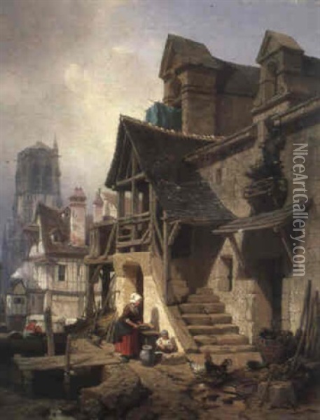 Hinterhofszene In Paris Mit Blick Auf Gotische Kathedrale Oil Painting - Albert Schwendy