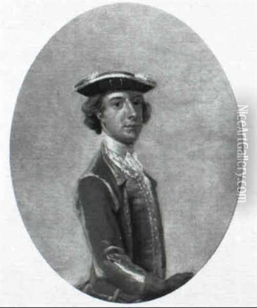 Portrait Of A Man, Half-length, Wearing A Gold Waistcoat    With Lace Trim, A Blue And Brown Cloak And A Blue Hat Oil Painting - Jonathan Richardson