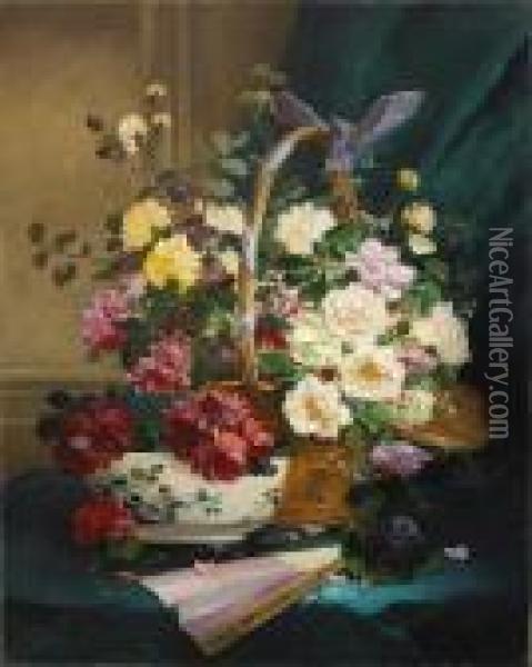 A Still Life With Roses In A Basket Oil Painting - Eugene Henri Cauchois