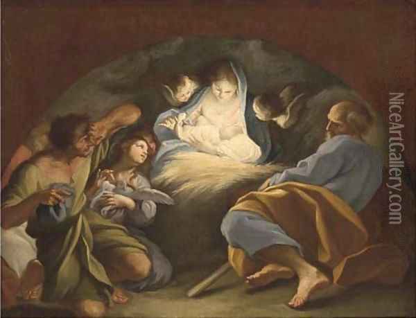 The Adoration of the Shepherds, in a feigned arch Oil Painting - Sebastiano Conca