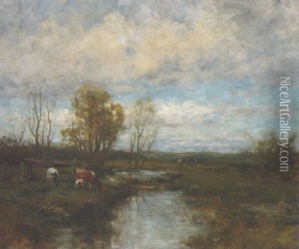 Cows Watering In A Stream Oil Painting - Charles Paul Gruppe