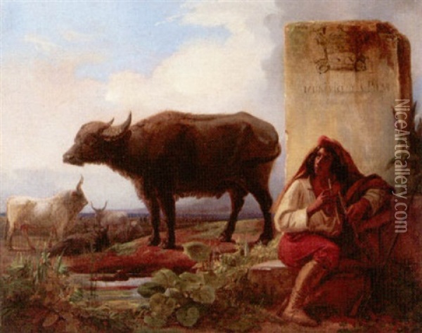 Landscape With A Piper Attending His Cattle And Buffalo Oil Painting - Adolphe Roger