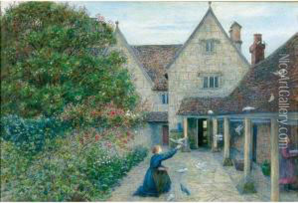 Feeding The Doves At Kelmscott Manor, Oxfordshire Oil Painting - Maria Euphrosyne Spartali, later Stillman