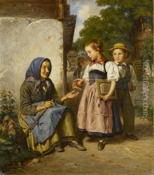Kinder Geben Einer Blinden Alten Bettlerin Ihr Znuni Oil Painting - Johann Friedrich Dietler
