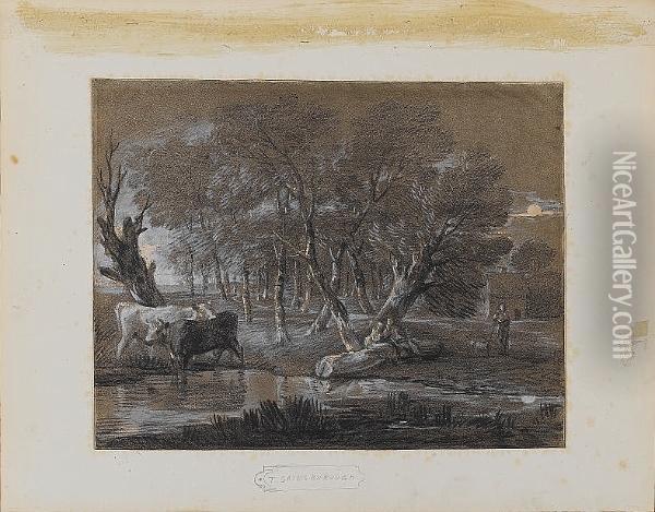 Wooded Landscape With Cows Beside A Pool, Figures And Cottage Oil Painting - Thomas Gainsborough