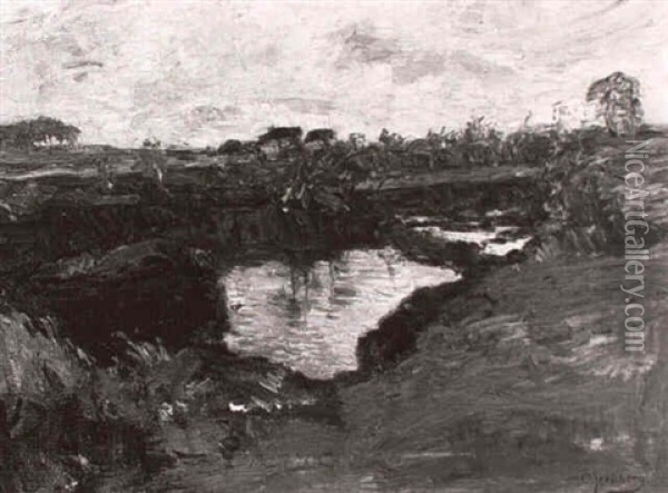 Moorlandschaft Mit Tumpeln Vorn, Am Horizont Bauernkaten Oil Painting - Olof August Andreas Jernberg