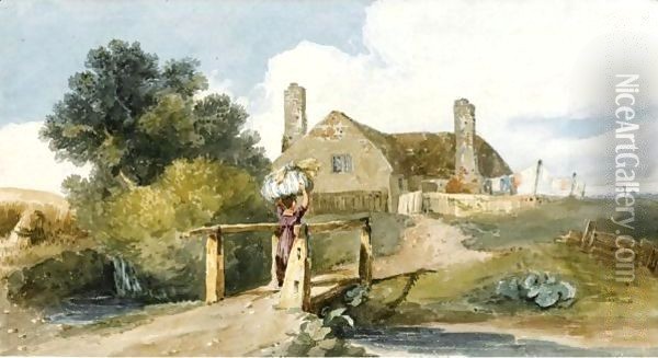 A Washerwoman Returning To A Cottage Oil Painting - David Cox